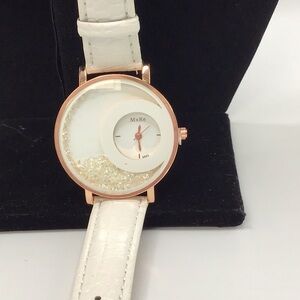 White and Rose Gold Elegant Watch with Crystal Accents